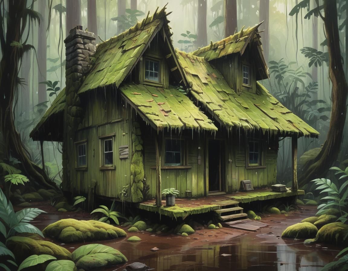 Dilapidated Cabin in Rainforest: Impressionist Oil Painting
