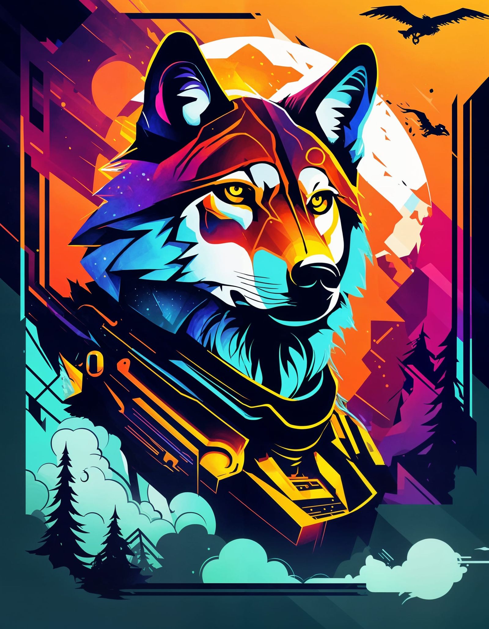 Dieselpunk Wolf in Vibrant Abstract Colors