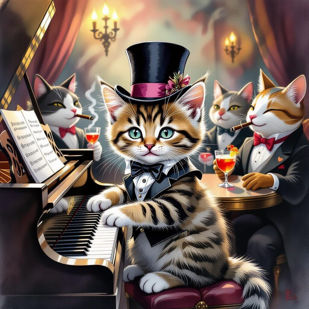 Kitten Jazz Club Scene in Watercolor Style
