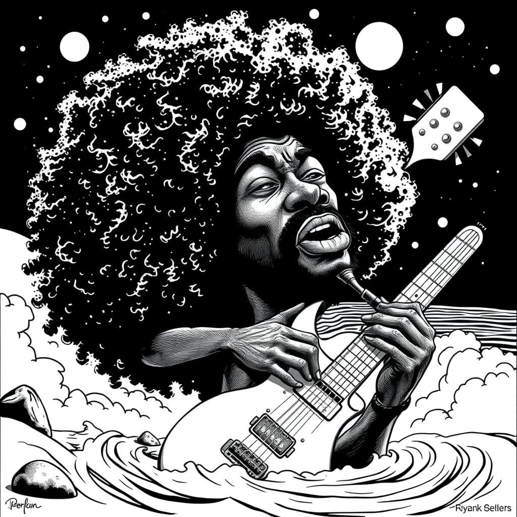 Psychedelic Black and White Guitarist in African Style