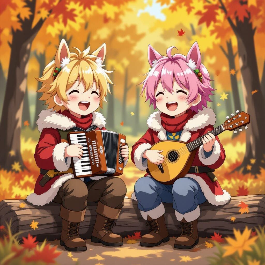 Anime Boys in Russian Costumes Play Music in Autumn Forest