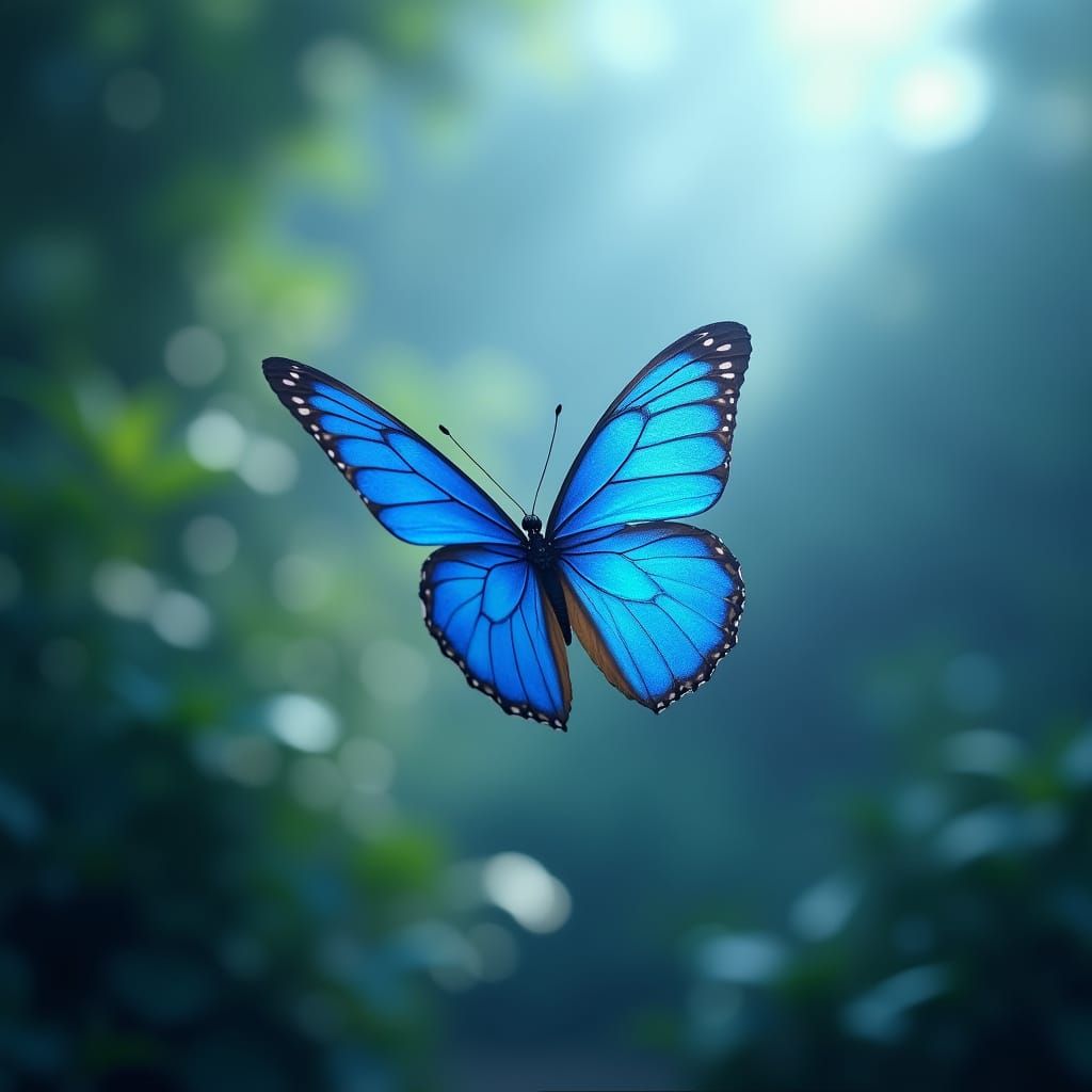 Surreal Blue Butterfly in Dreamy Bokeh Landscape