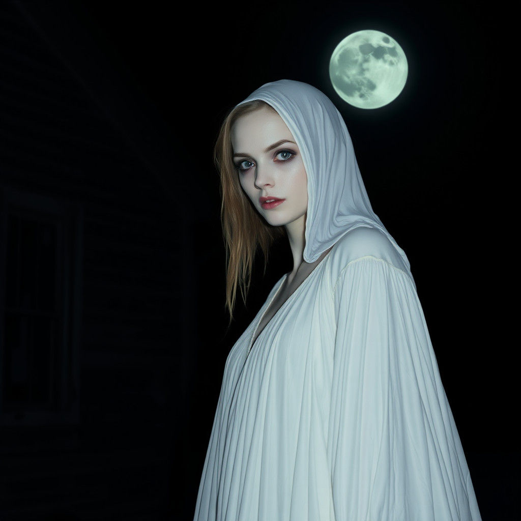 Eerie Woman in White Gown Under Moonlight