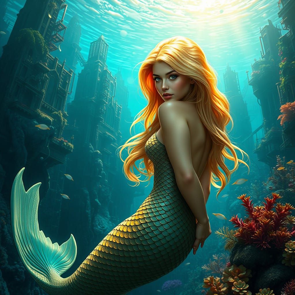 Hyperrealistic Mermaid Cityscape Shines in Tropical Ocean
