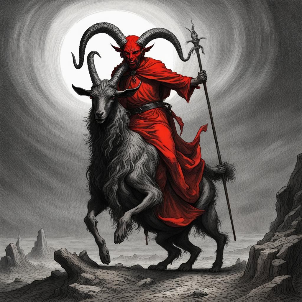 Medieval Horror Devil Rides Goat in Black Metal Style