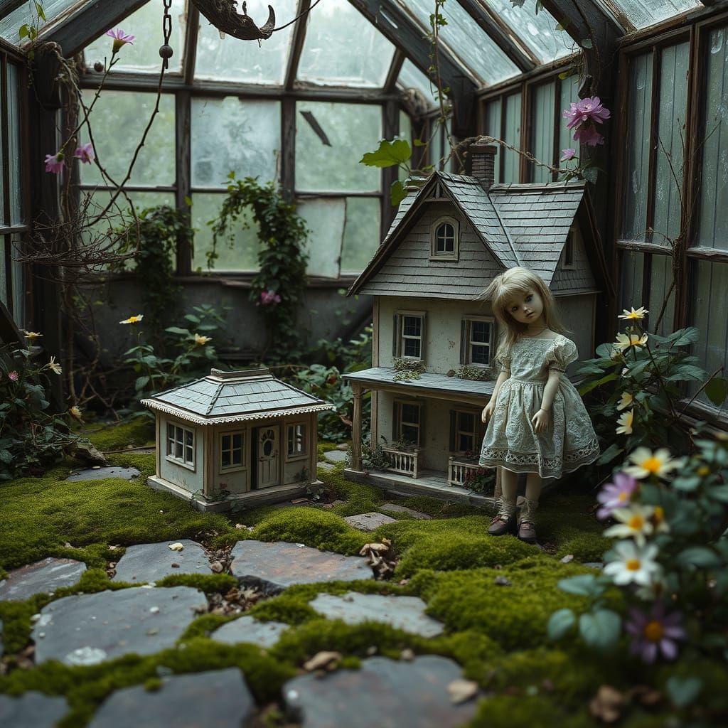 Antique Dollhouse in Neglected Greenhouse