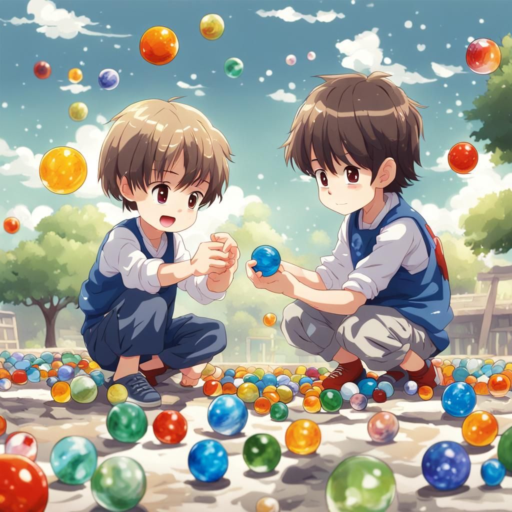 Cartoon Children Playing Marbles in Anime Style