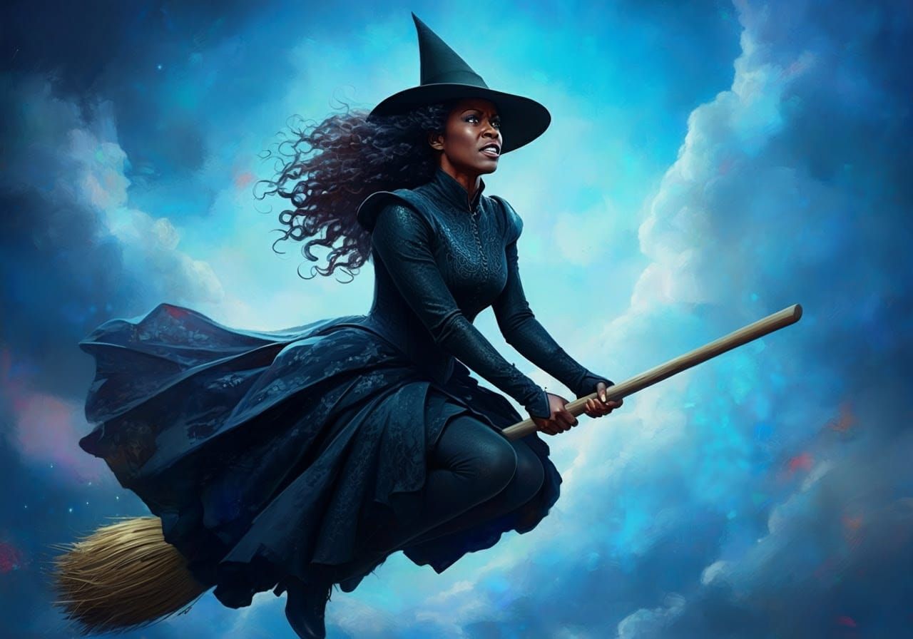 African American Elphaba Soars Through Electric Blue Sky on ...