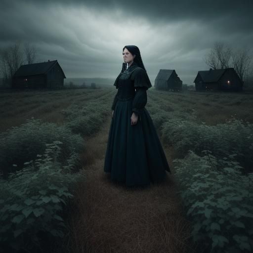 Determined Woman on Rural Property in Dark Gothic Style