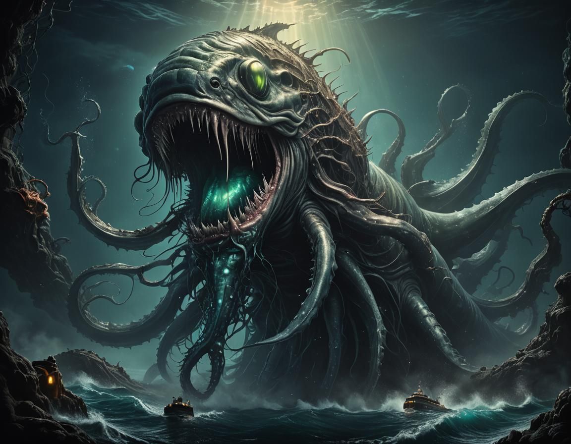 Bioluminescent Deep Sea Leviathan in Lovecraftian Style
