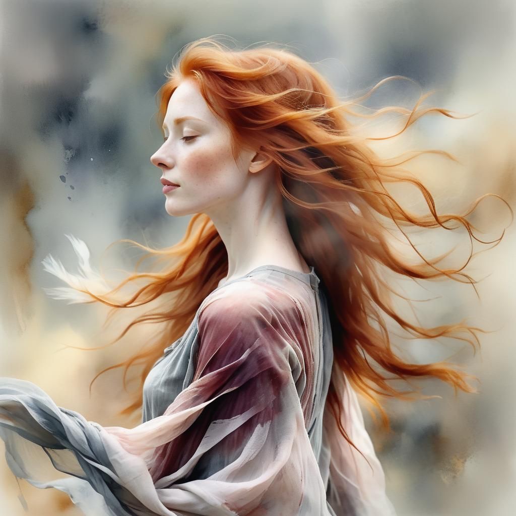 Ethereal Watercolor Portrait of a Red-Haired Woman