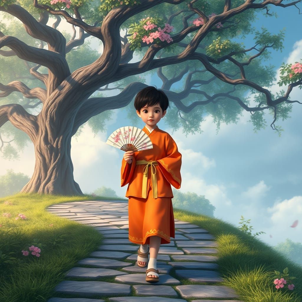Student with Paper Fans in Matte Painting Style