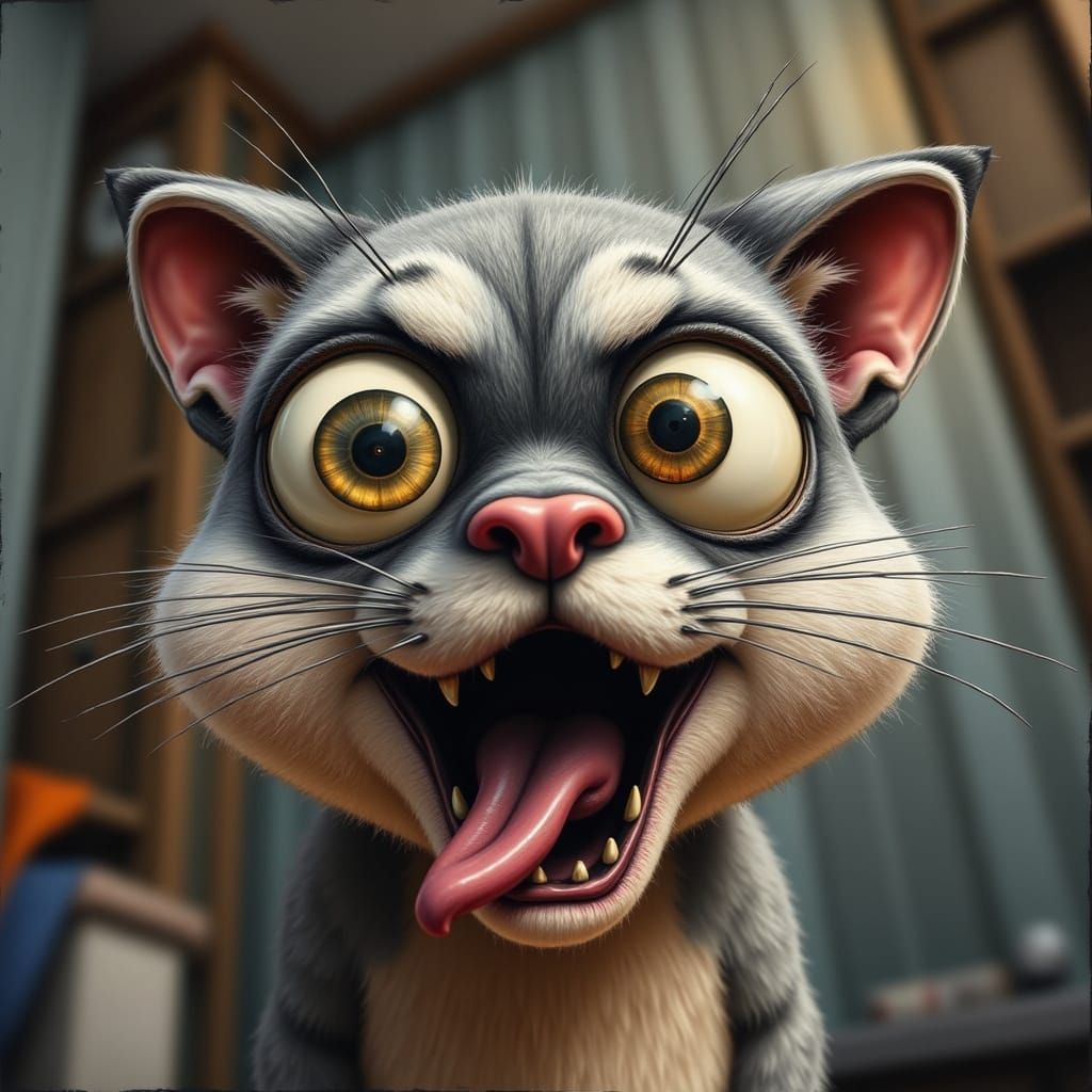 <lora:Crazy Eyes:1.0> A bizarre, anthropomorphic cat with human-like facial features, wide eyes, and a humorous, intense...