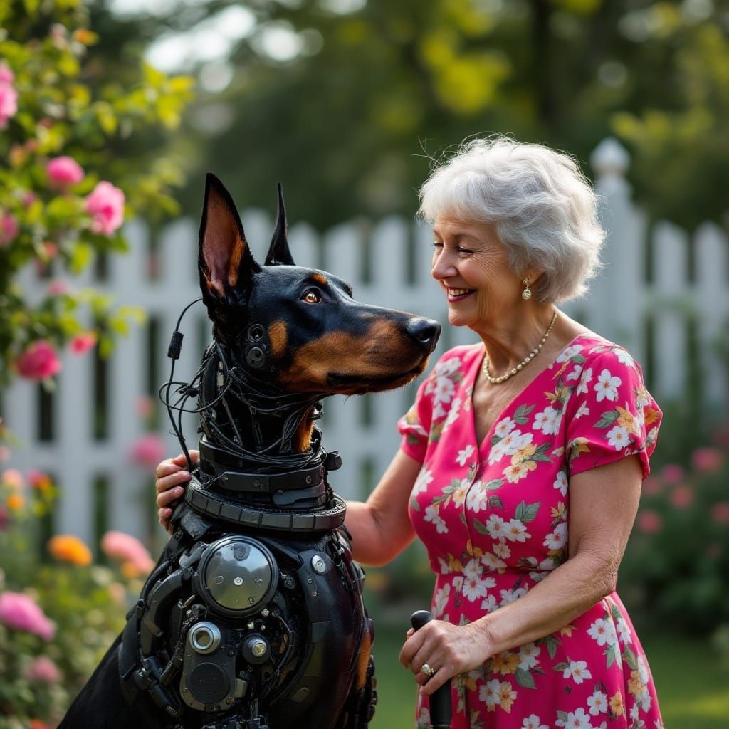 Elderly Lady Stands Beside Her Futuristic Cyberdog in a Sere...