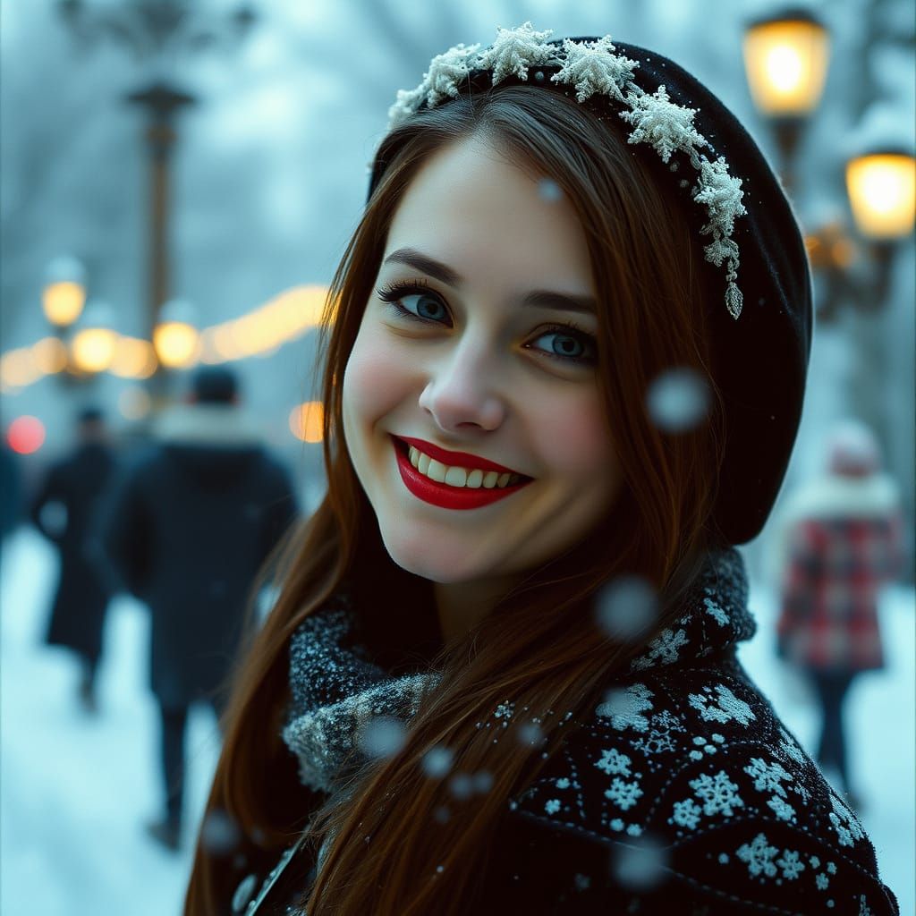 Gothic Woman Smiles in Snowy Wonderland