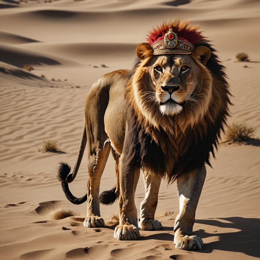 Lion in Desert Landscape Wearing a Hat