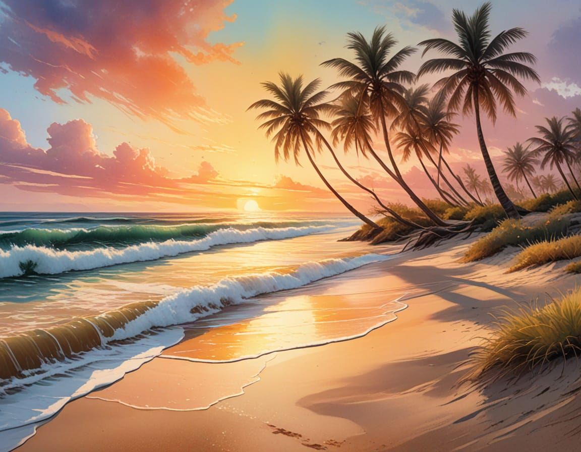 Impressionist Beach Scene with Palm Trees and Sunset