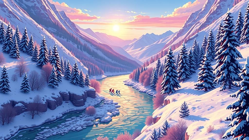 Pixel Art Family Skiing in a Vibrant Valley