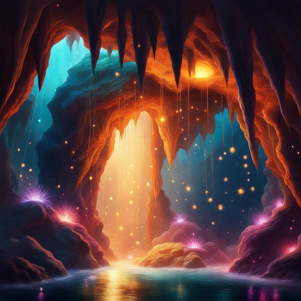 Glowing Magical Cave with Flying Lights