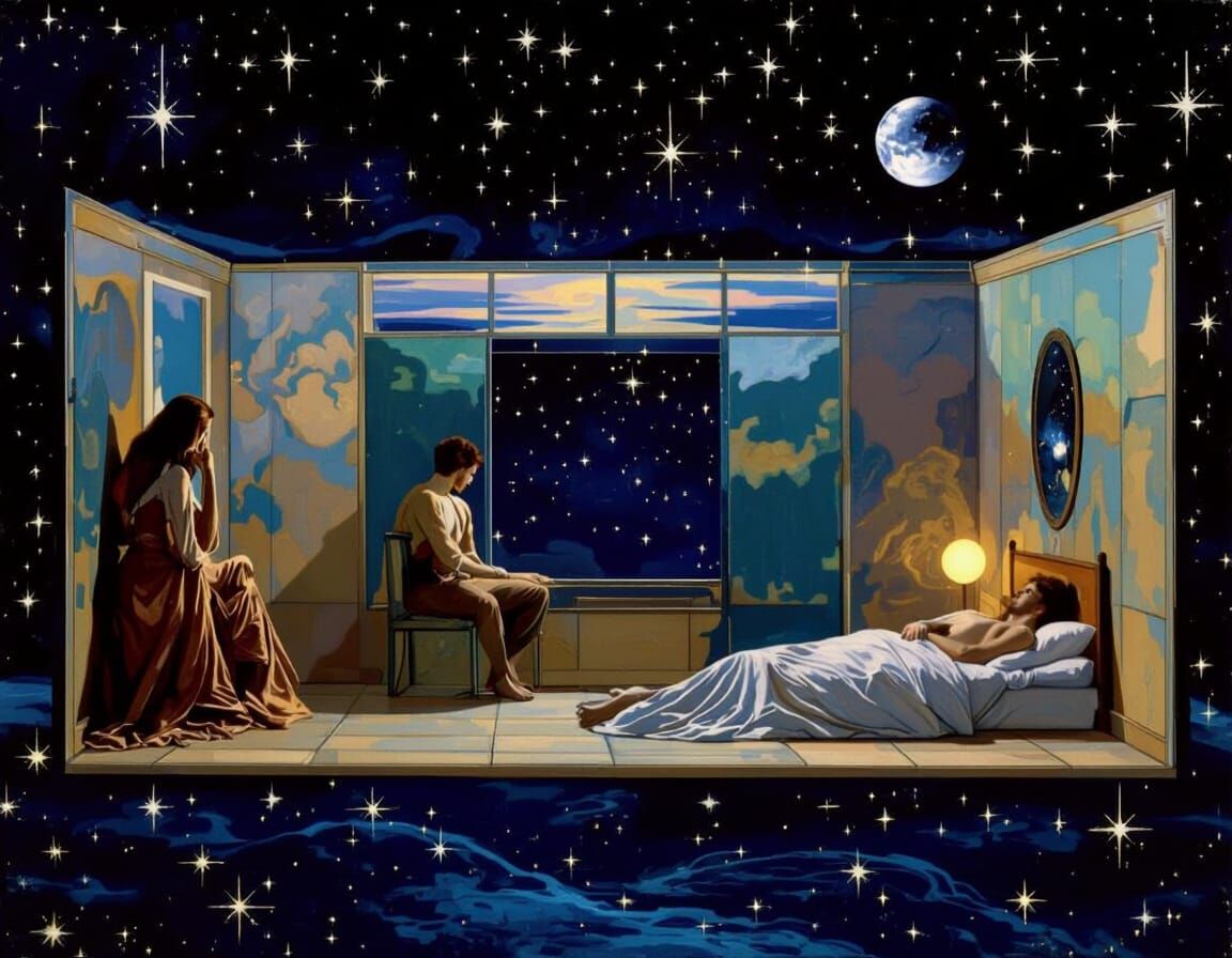 Cosmic Dreamscape in Pre-Raphaelite Style