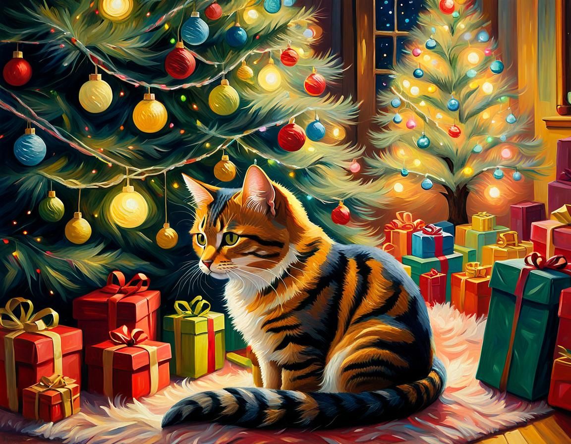 Whimsical Oil Painting of a Cat Beside a Christmas Tree