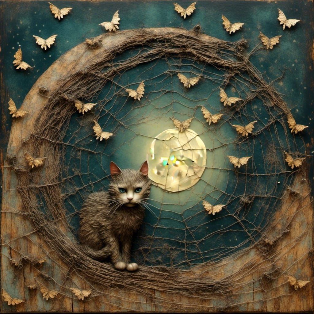 Eerie Cat Collage with Spiderwebs and Full Moon