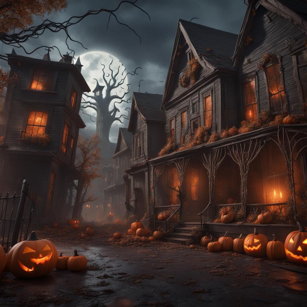 Halloween Themed Old Town Road in Matte Painting