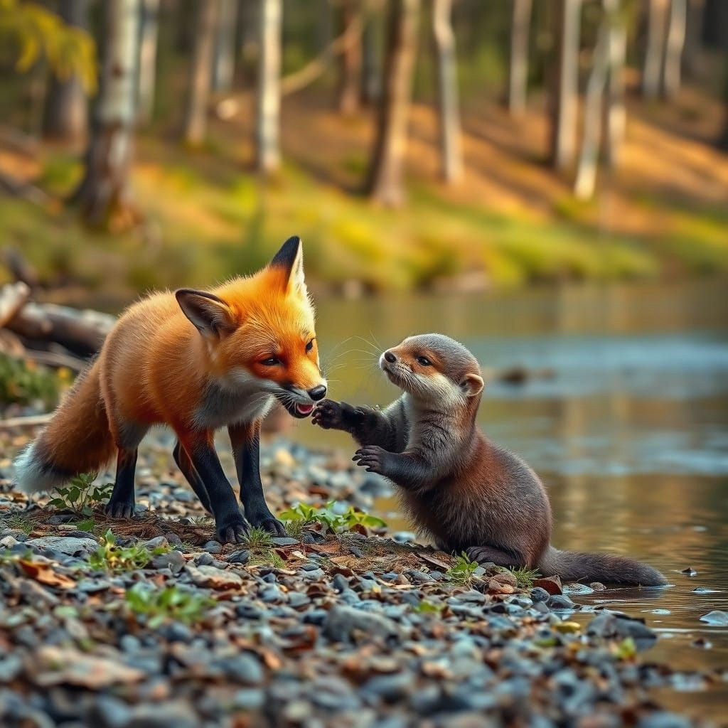 Joyful Forest Friends Play Along a Riverbank