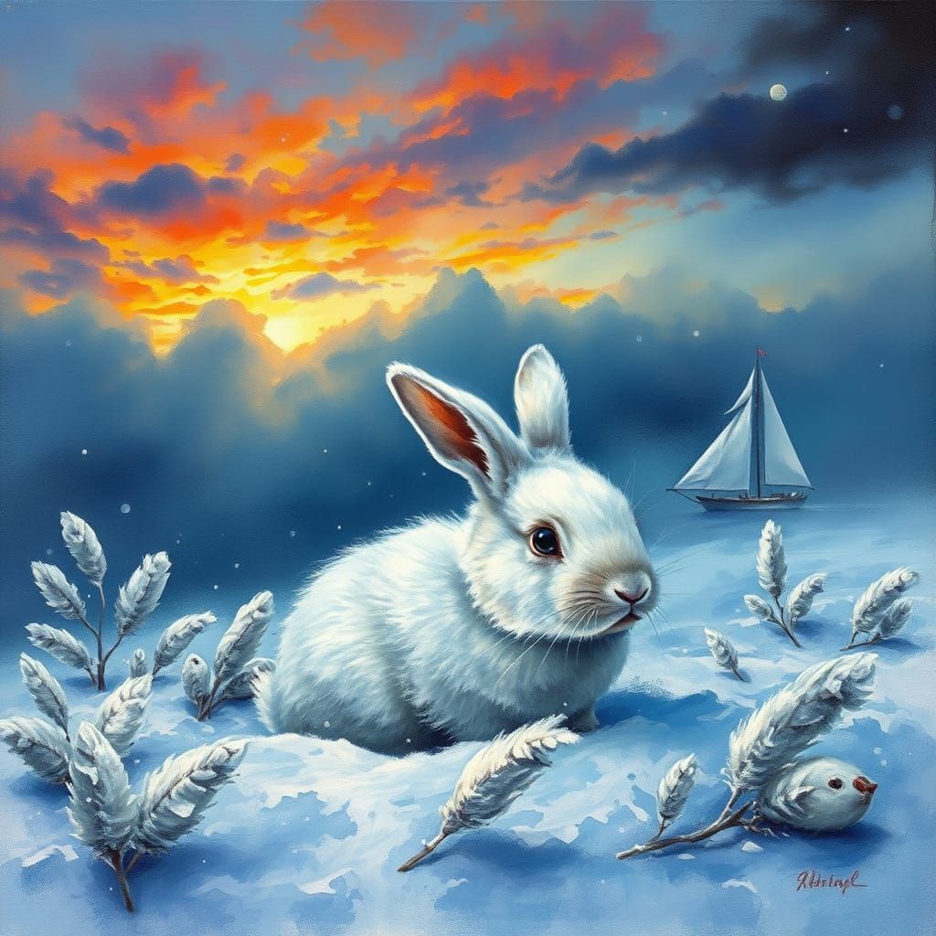 Vibrant Winter Wonderland with Baby Snow Bunny