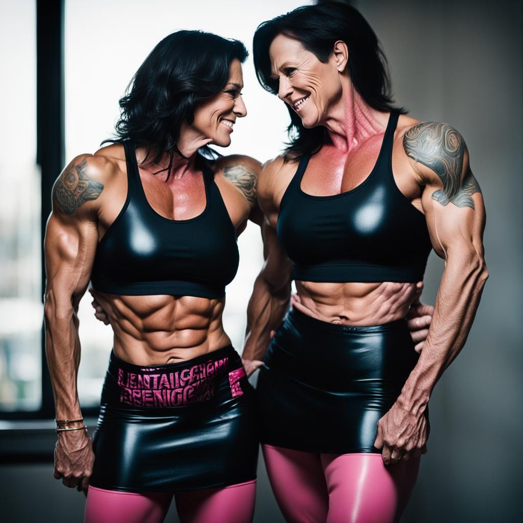 Two Androgynous Female Bodybuilders Kissing in Bedroom