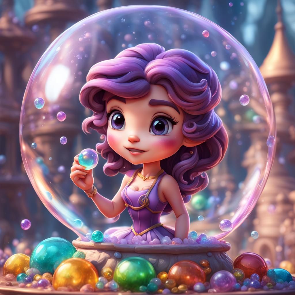 Hyperrealistic Chibi Megara in a Soap Bubble