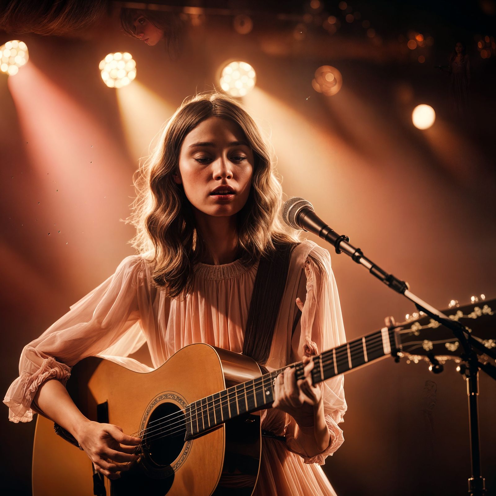 Girl on Stage with Guitar in Cinematic Lighting