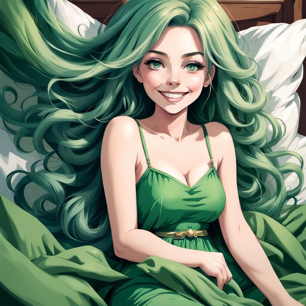 Giant Green-Haired Woman Smiling Down