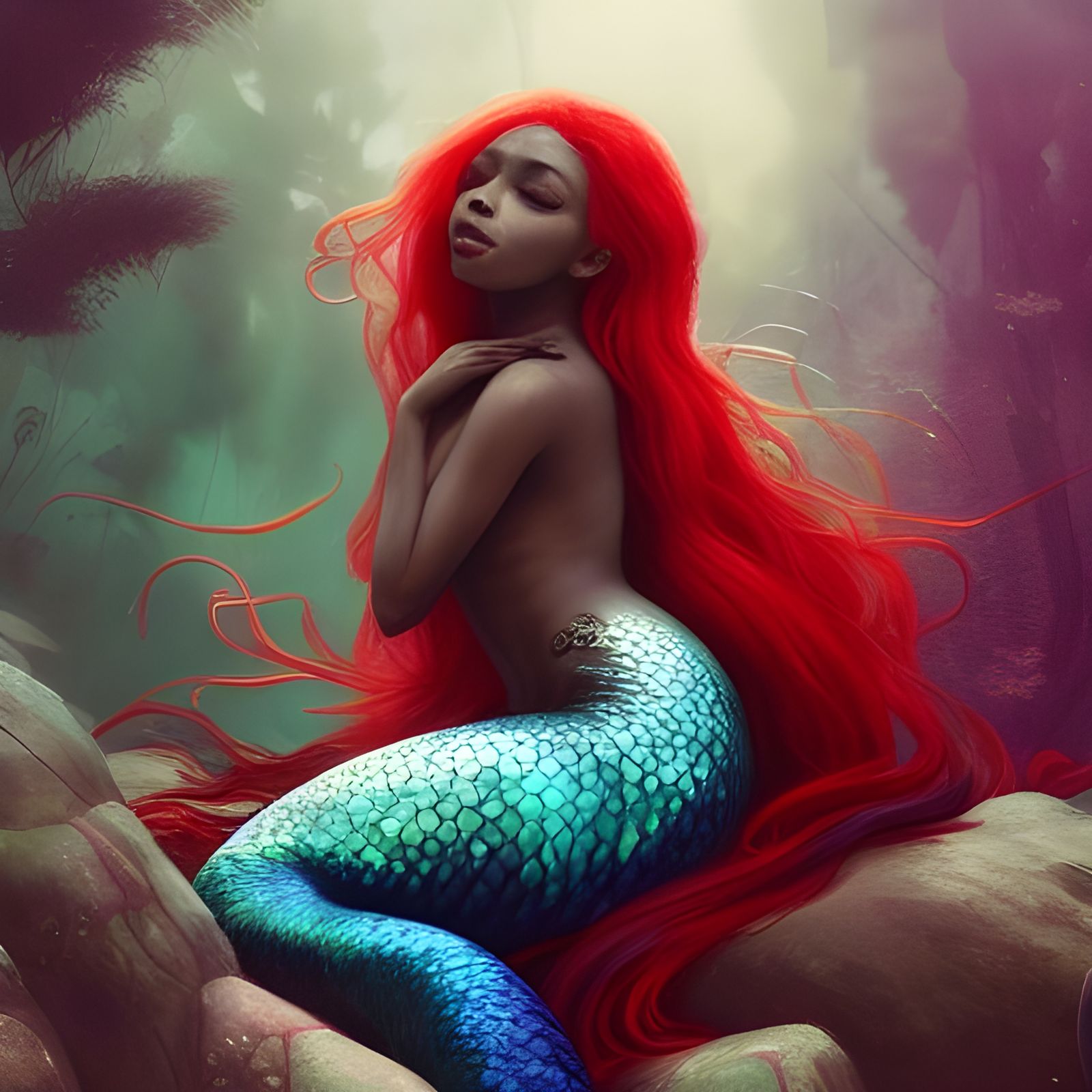 Stunning Black Mermaid with Flowing Red Hair
