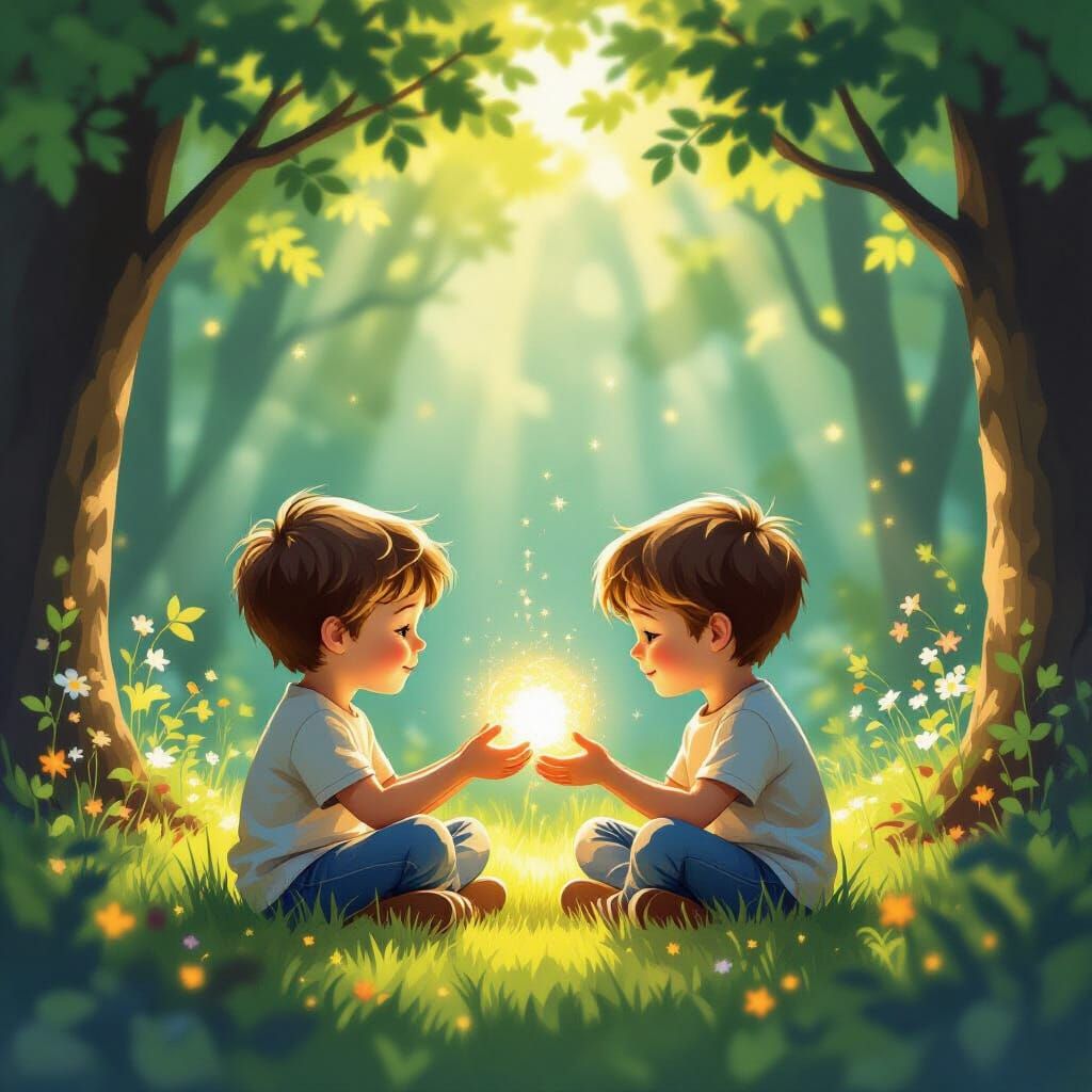 Brothers Share Magic Orb in Sunlit Forest
