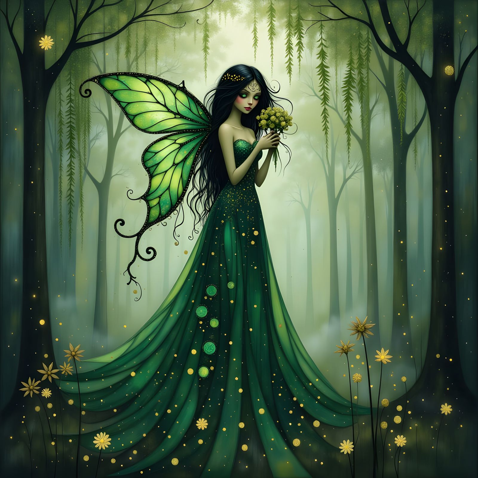 Whimsical Dark Faerie Queen in a Shadowy Forest
