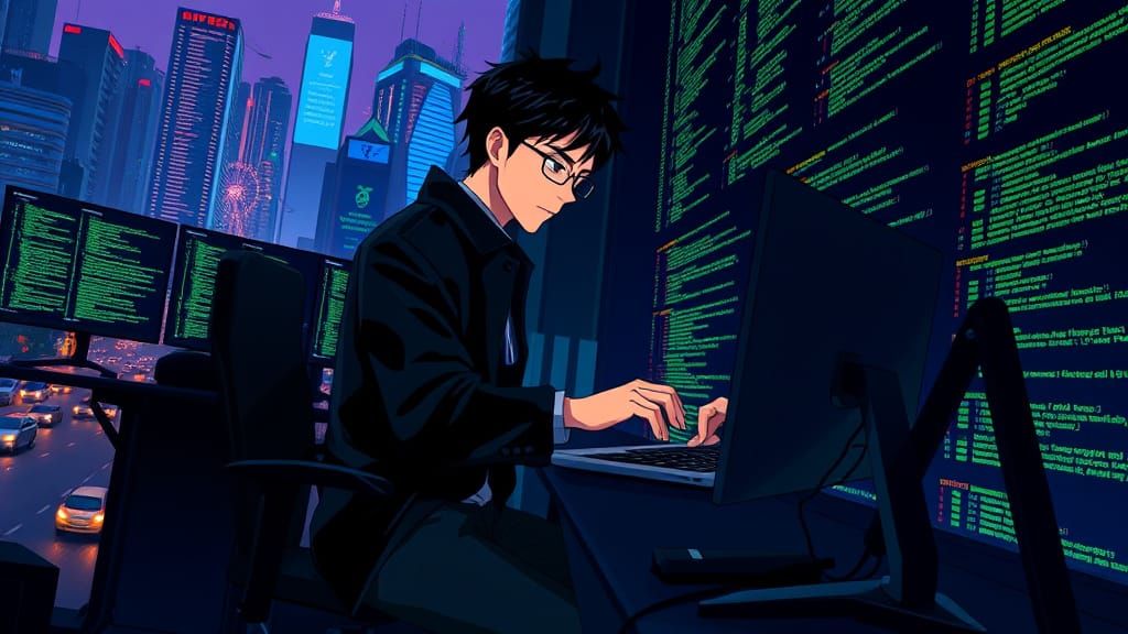 Intense Indian Hacker in Anime-Style Coding Scene