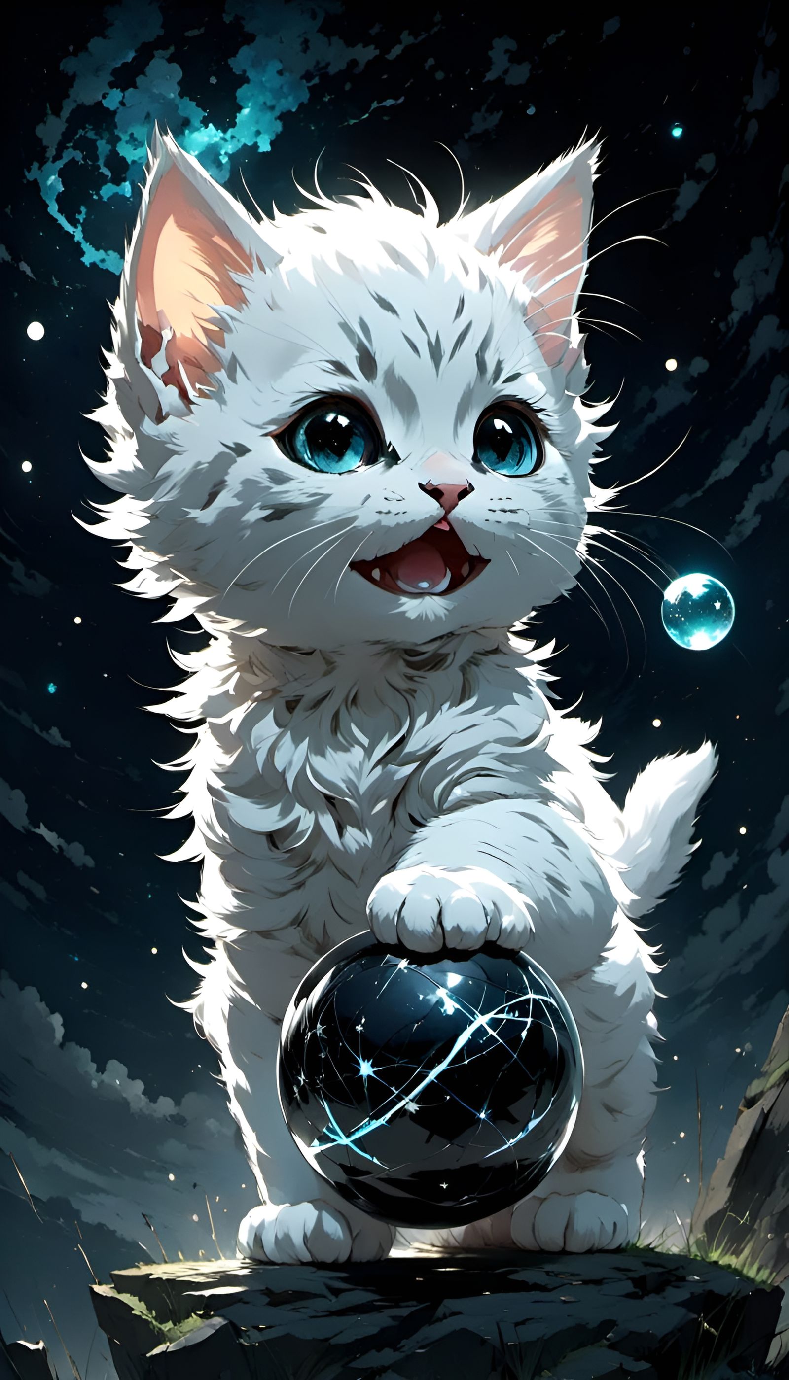 Chibi Kitten Bites Carbon Ball in Starry Night