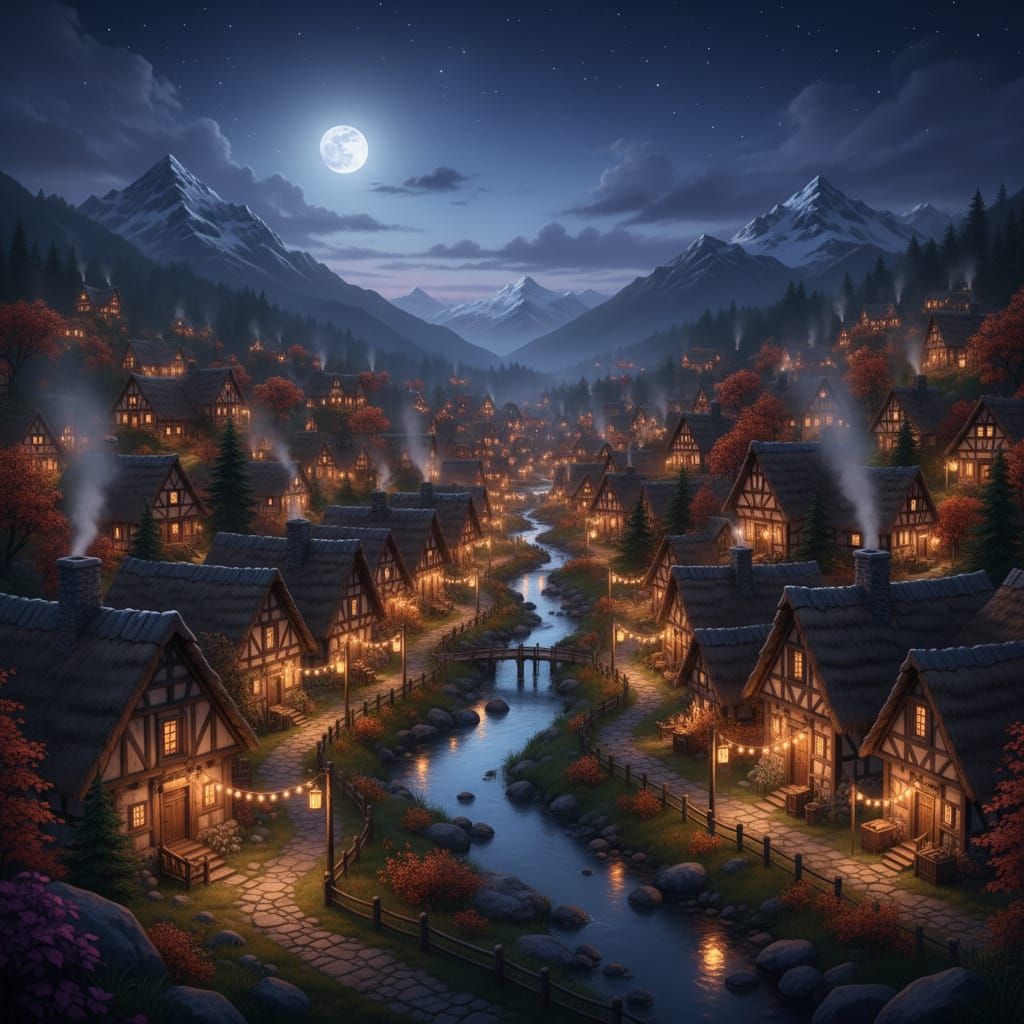 Enchanting Village Illuminated at Night