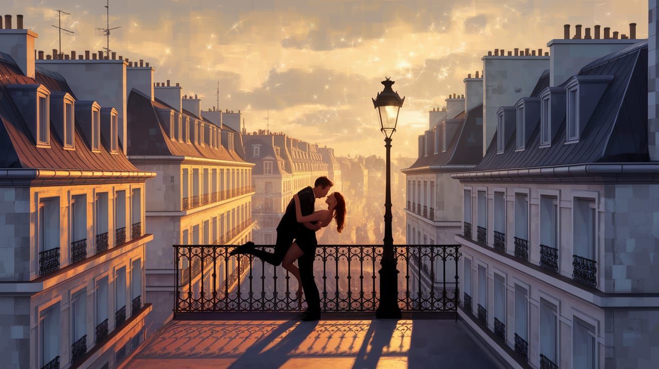 Passionate Parisian Lovers on Balcony at Twilight