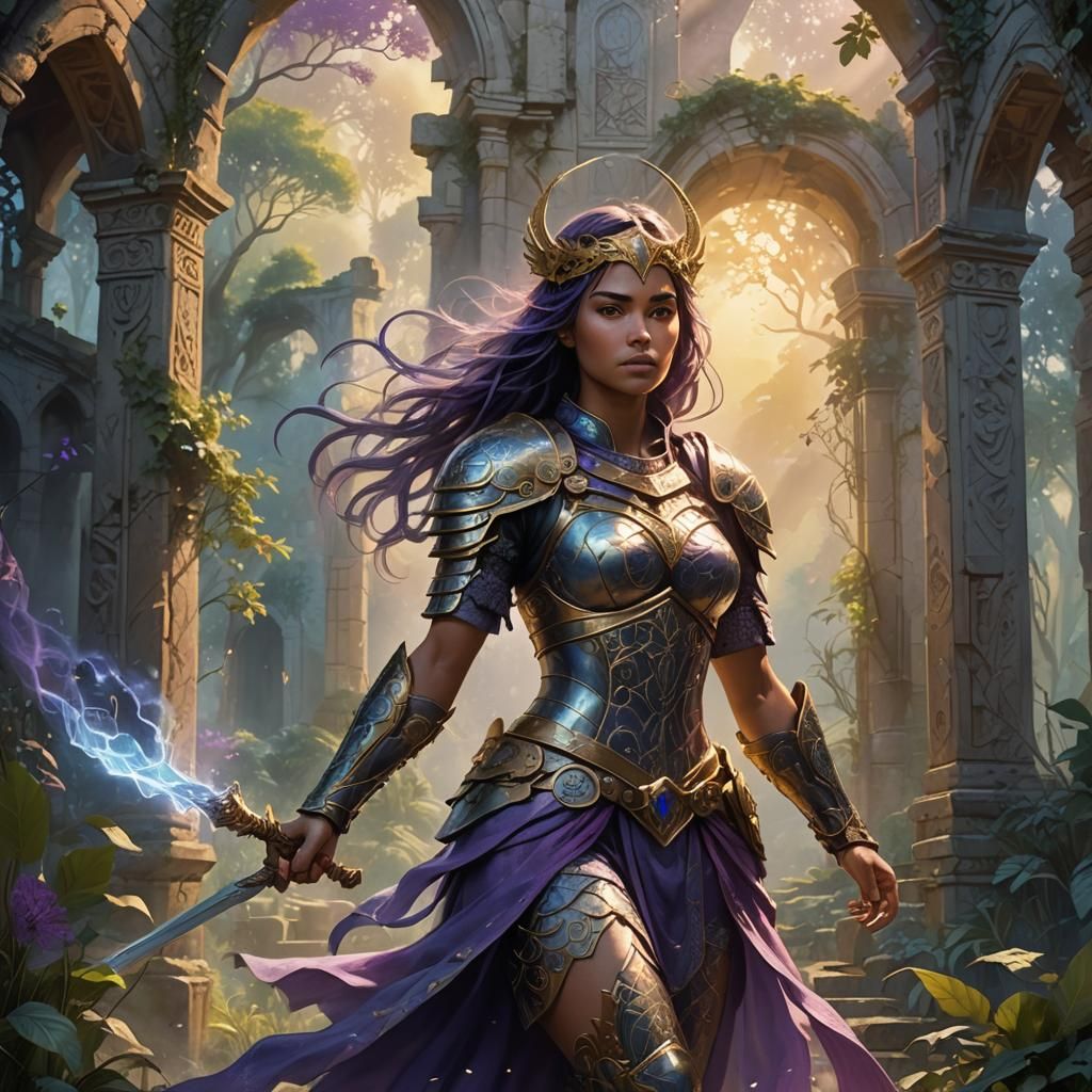 Mystical Woman Warrior in Lush Ancient Realm