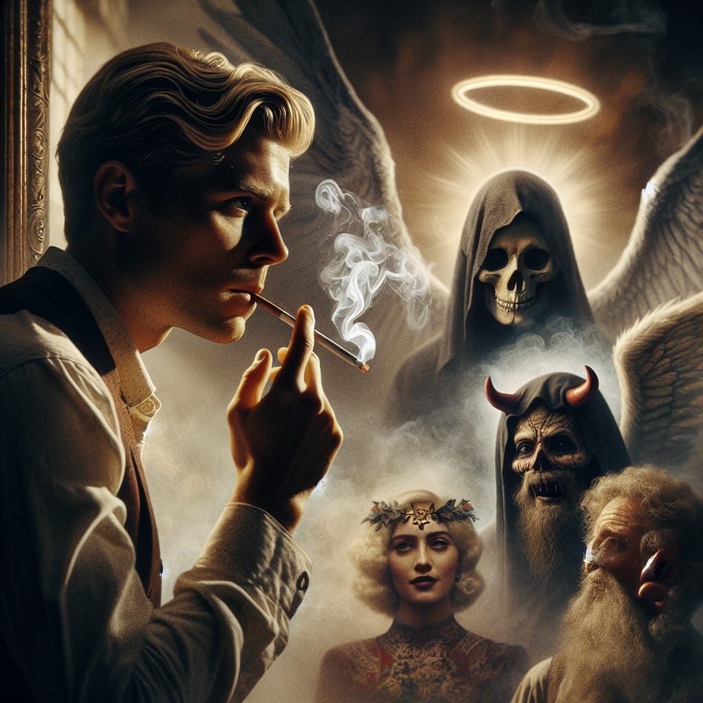 Cigarette Smoke Forms Angel Wings and Halo