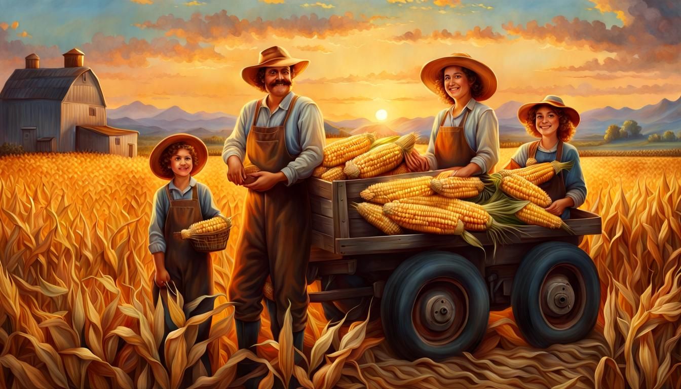 Happy Farmer Family at Dawn in Oil Painting Style