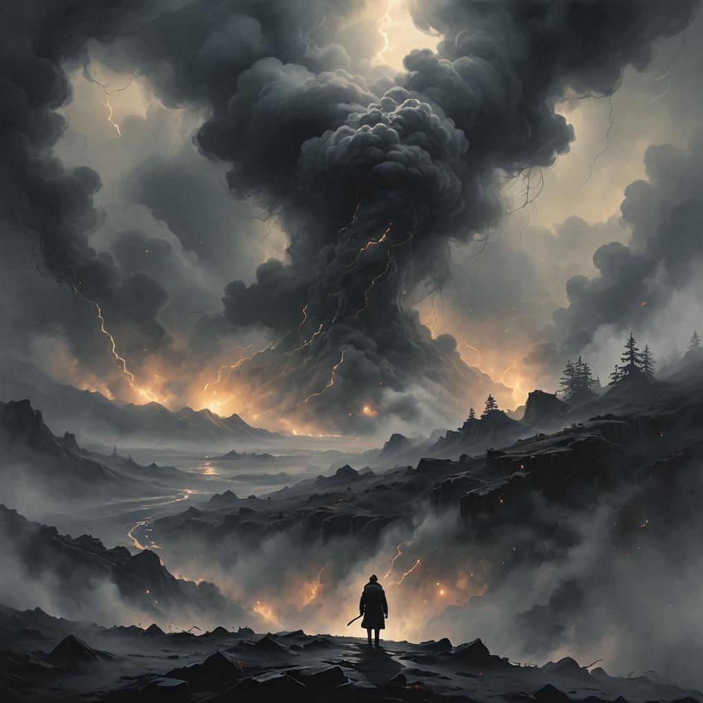 Dark Surrealism: Figure in Smoky, Ethereal Landscape