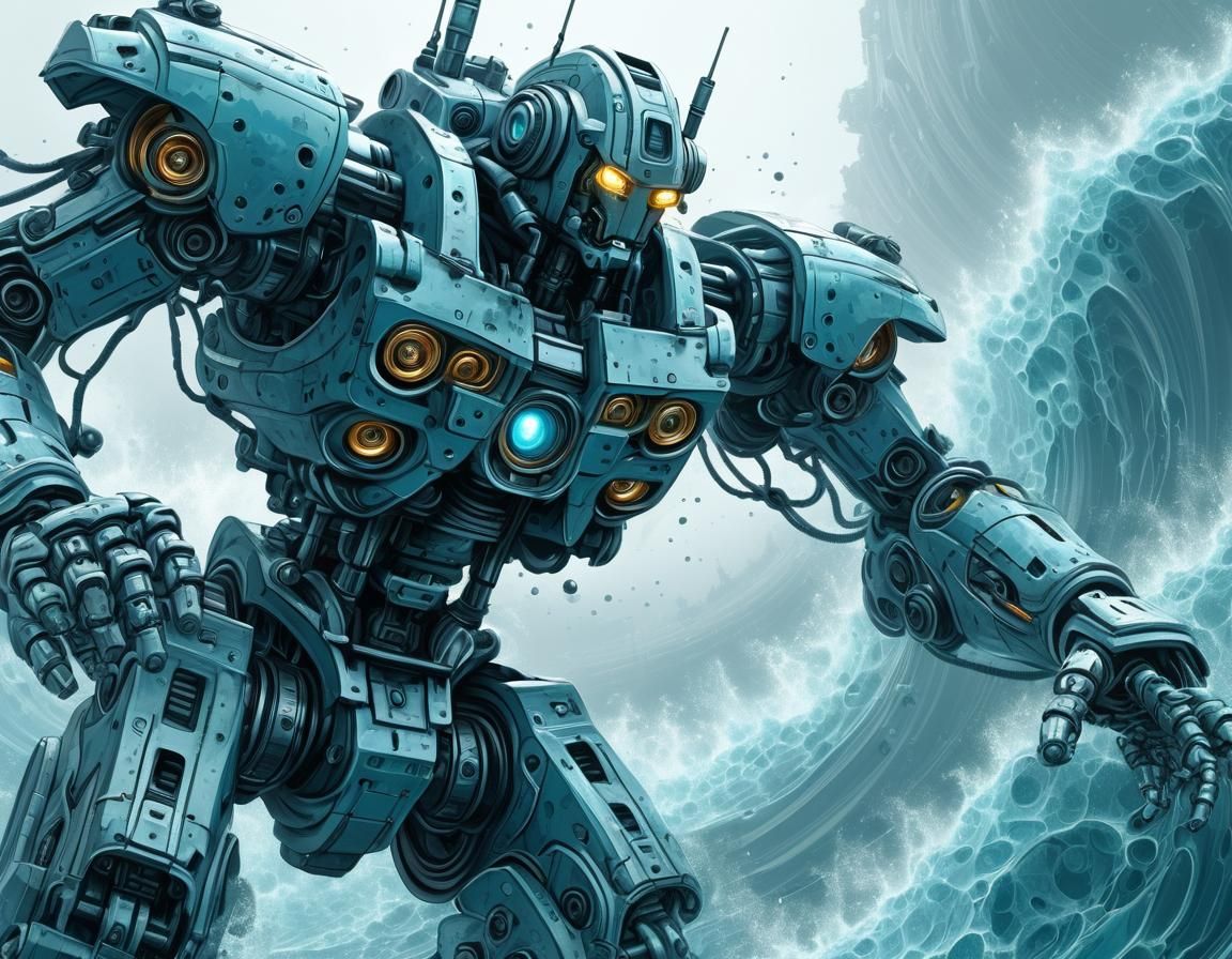 Detailed close-up of a mech's hydraulic joints and armo, eth...