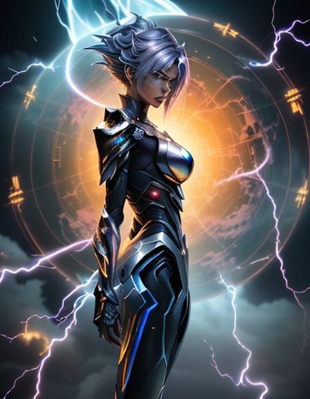 Villain Woman Controls Globe With Lightning In Futuristic Ar...