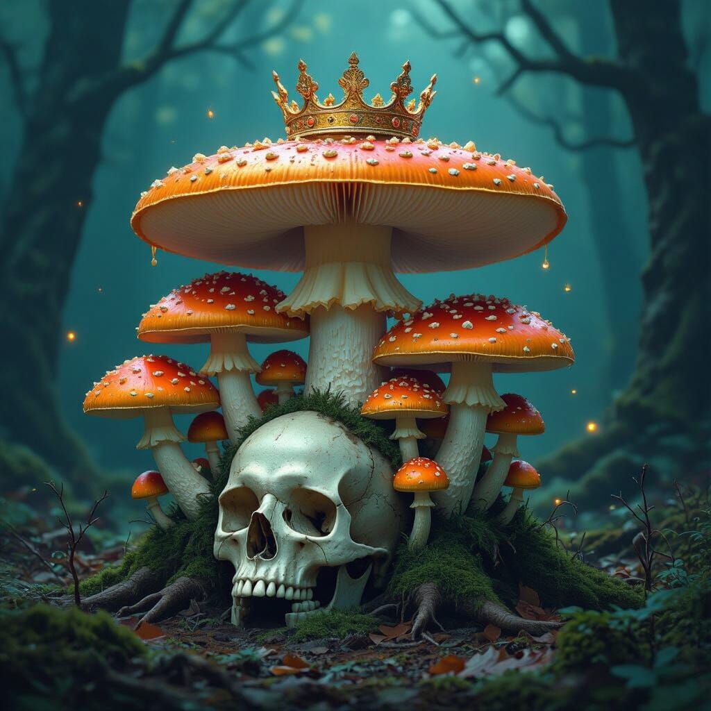 King Mushroom on Skeletal Throne in Mystical Forest