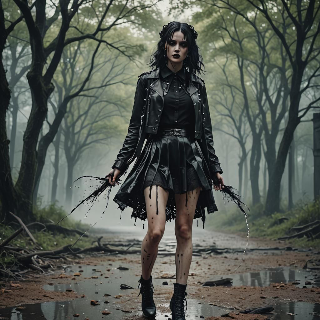 Goth Waifu with Fluid Splash in Photorealistic 8K