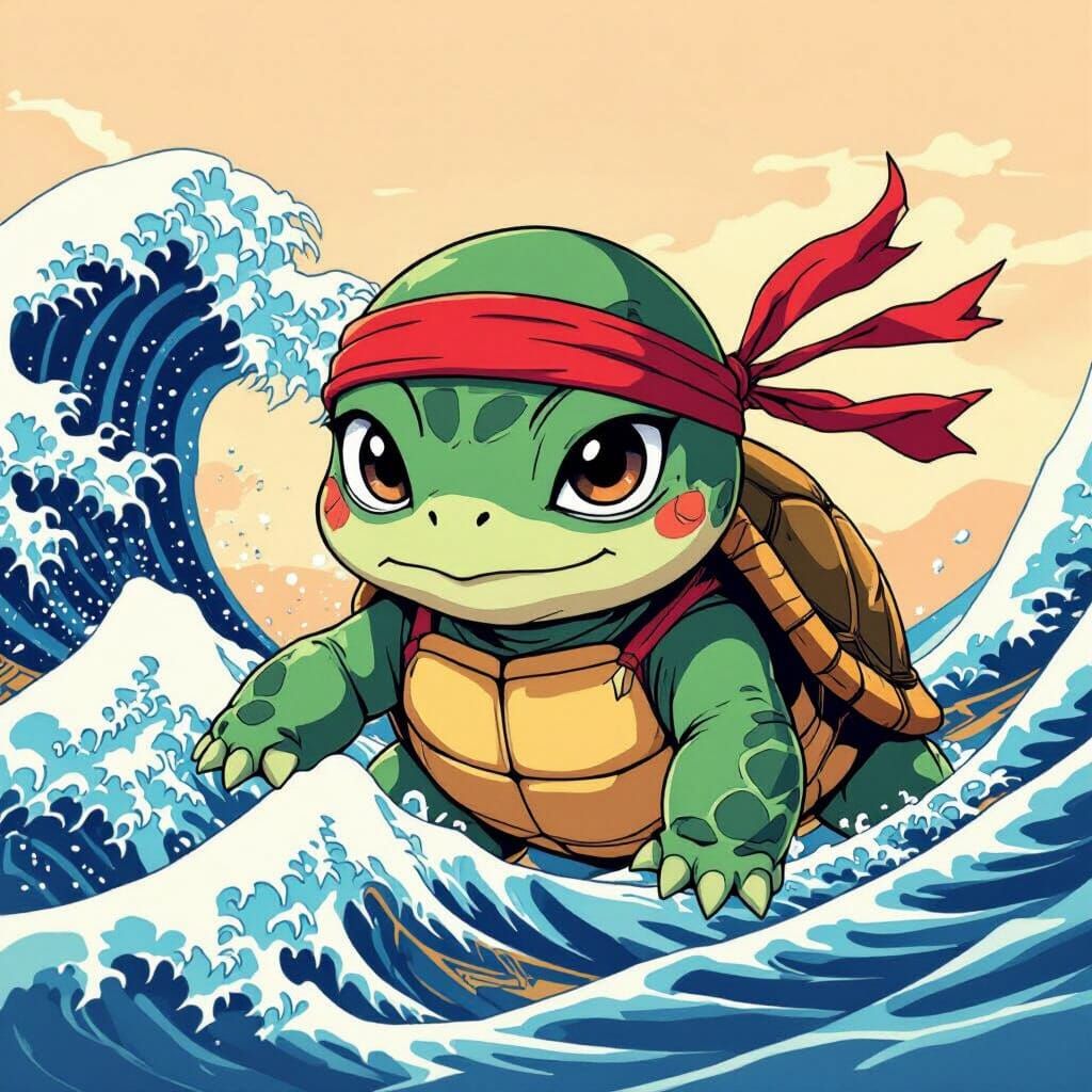 Anime Ninja Turtle Rides the Waves