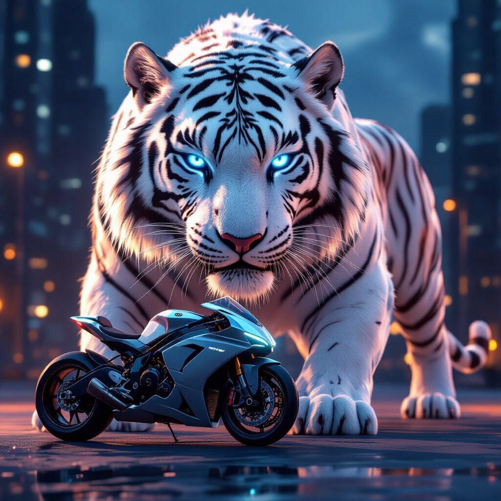 Futuristic Superbike and Giant White Tiger in Cityscape